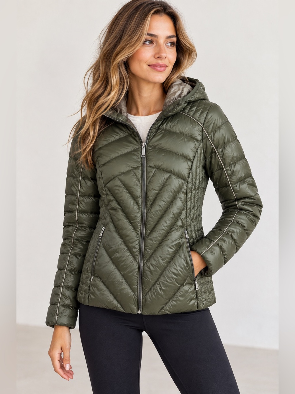 BCBGeneration XS Olive Green Ultra Lightweight Packable Down Puffer Jacket